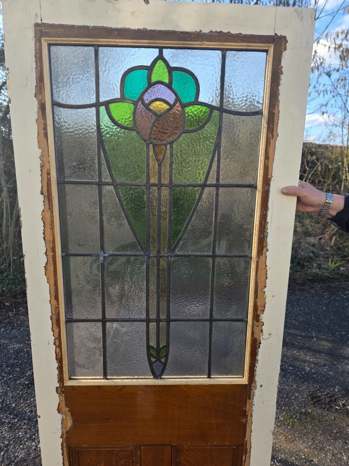 Antique 1920s Leaded Glass Internal Door With Rose Design photo furniture