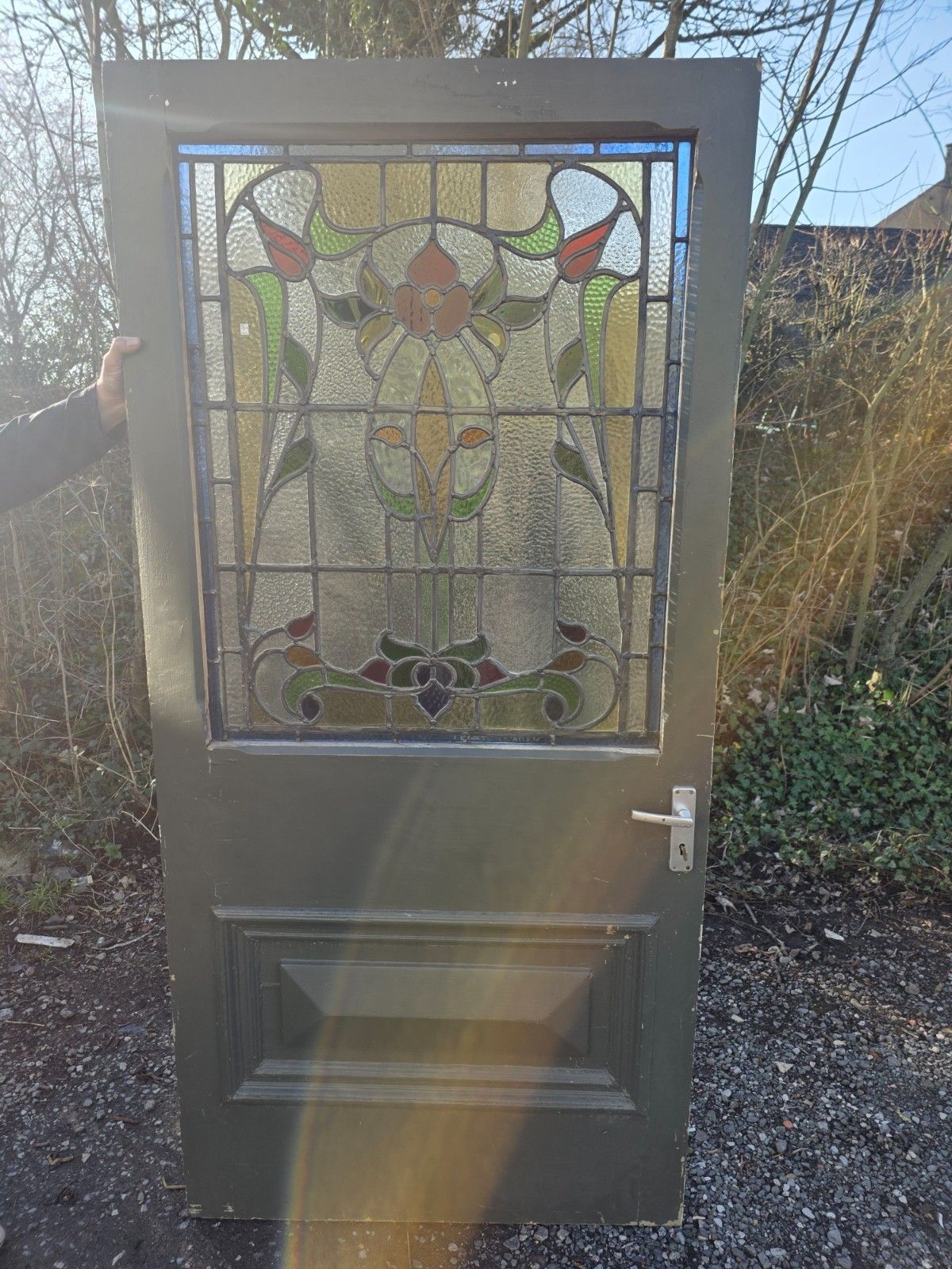 Antique 1900s Solid Door With Leaded Glass Art Nouveau Style photo 950.0