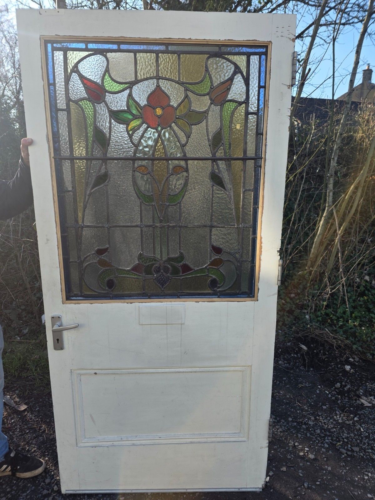 Antique 1900s Solid Door With Leaded Glass Art Nouveau Style photo buy