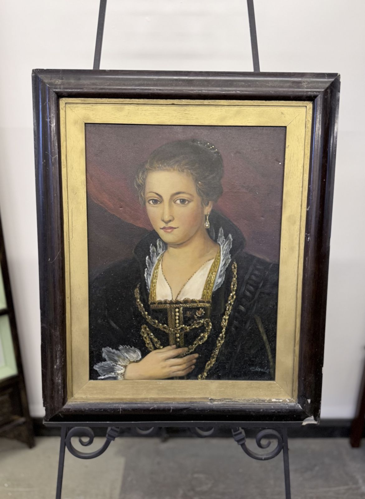 Vintage Oil Portrait Of Renaissance Lady – Signed “Charles” – Framed Oil On Canvas
