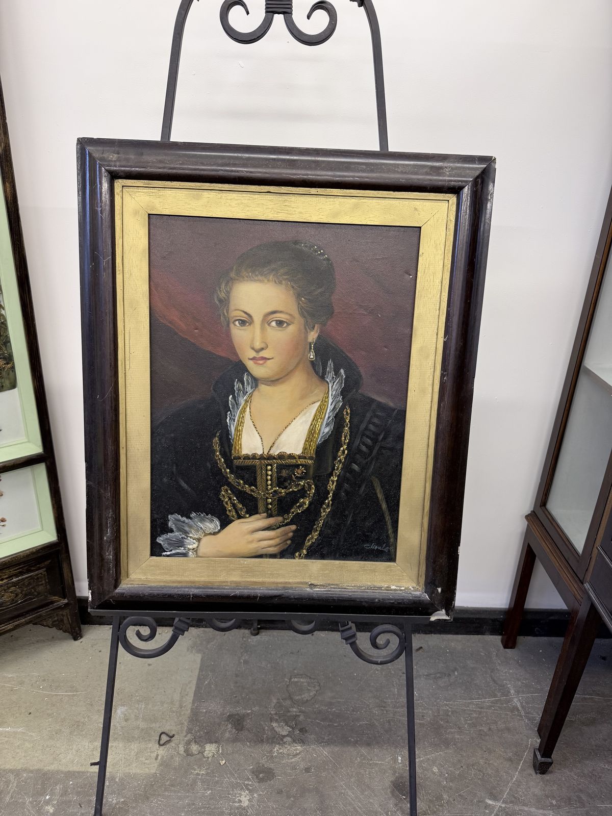 Vintage Oil Portrait Of Renaissance Lady – Signed “Charles” – Framed Oil On Canvas photo furniture