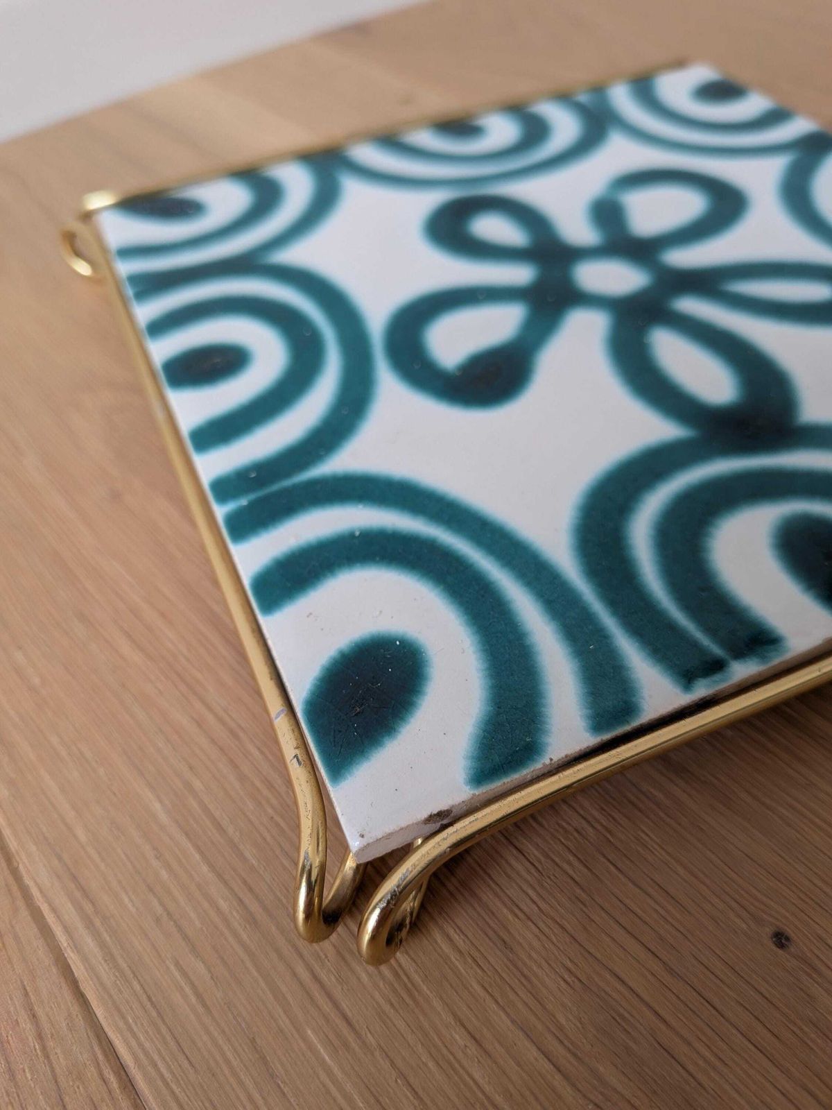Vintage Gmundner Keramik Trivet, Brass Frame / Austria / Green Flamed photo for sale