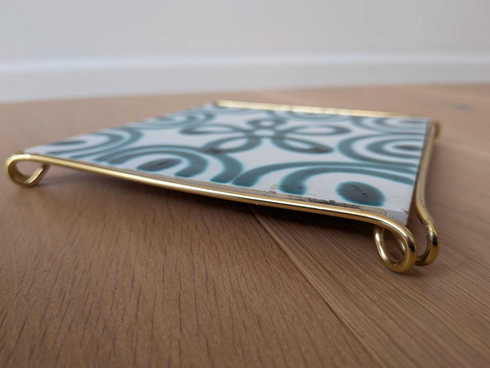 photo for sale Vintage Gmundner Keramik Trivet, Brass Frame / Austria / Green Flamed