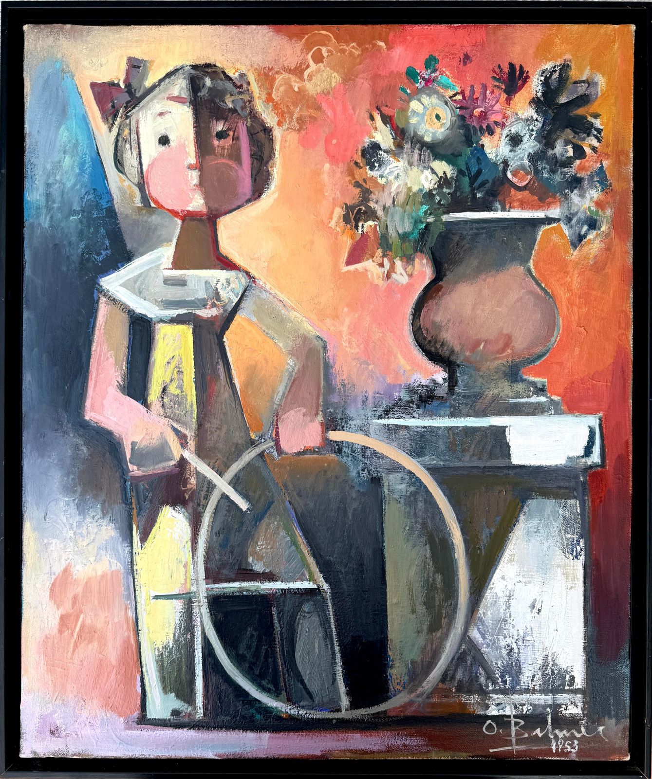 Josep Oriol Balmes Bosch Cubist Figurative Painting With Flowers Spanish Mid Century Modern Oil 1953 1953 photo furniture