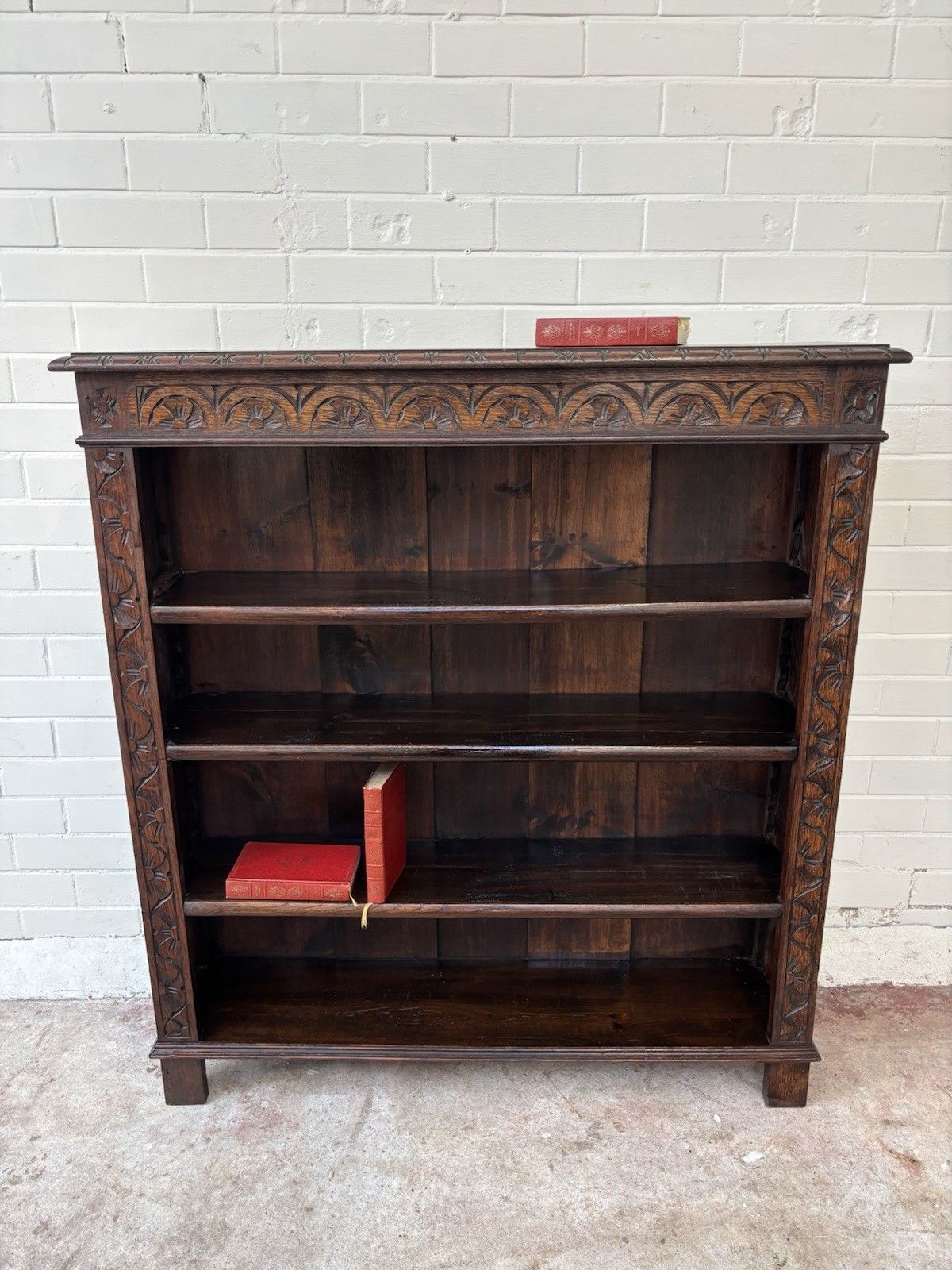 An Attractive & Nicely Carved Oak Bookcase With Adjustable Shelves. photo for sale