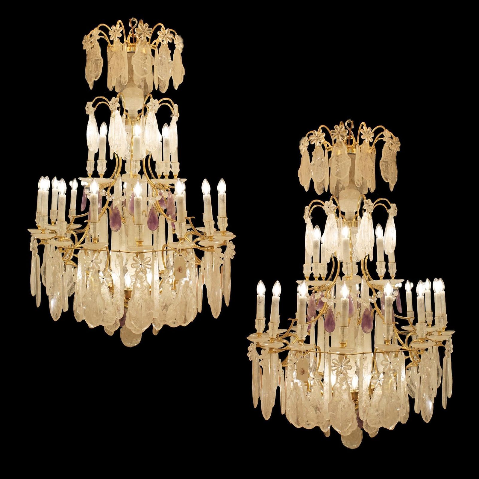 Beautiful French Bronze And Rock Crystal Pair Chandeliers And Amethyst