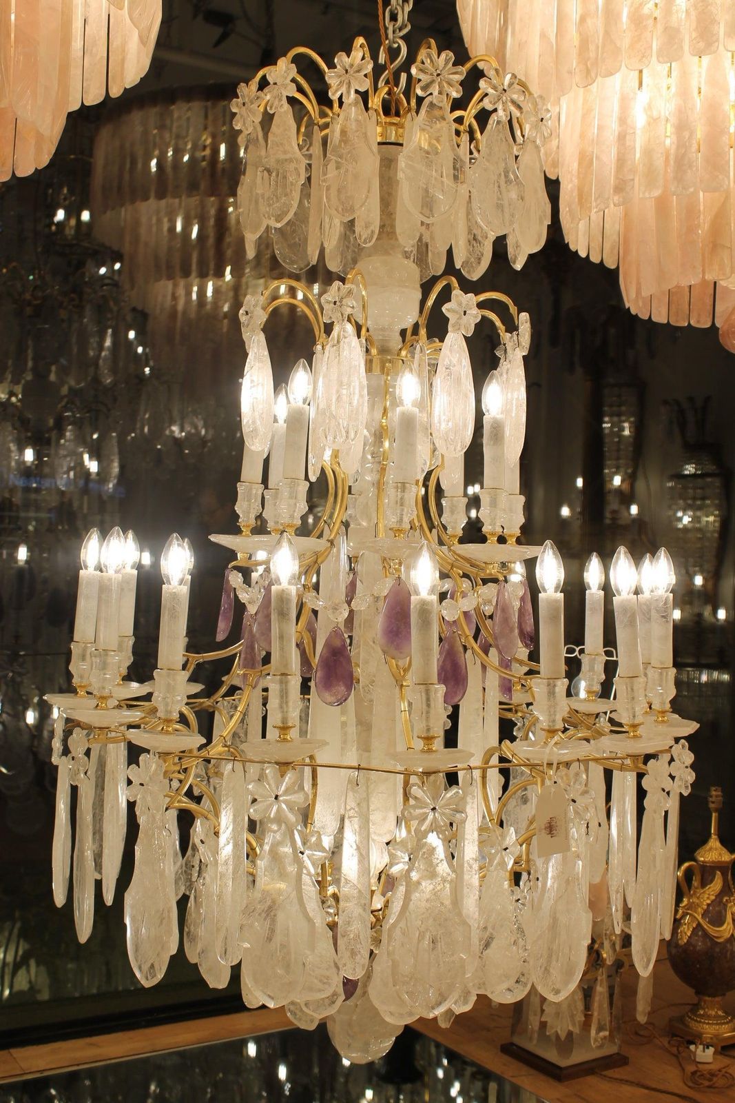 Beautiful French Bronze And Rock Crystal Pair Chandeliers And Amethyst photo furniture