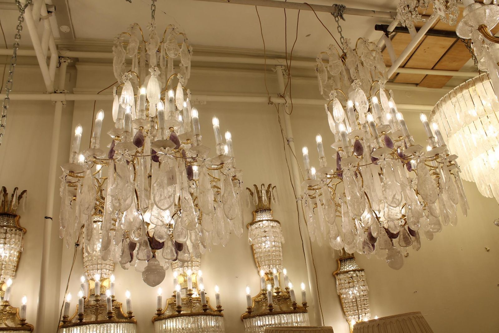 Beautiful French Bronze And Rock Crystal Pair Chandeliers And Amethyst photo Lighting