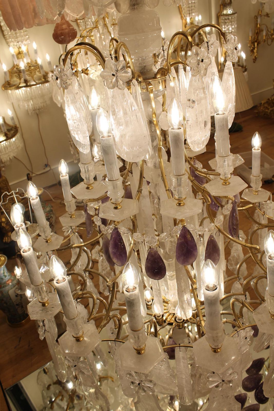 photo furniture Beautiful French Bronze And Rock Crystal Pair Chandeliers And Amethyst