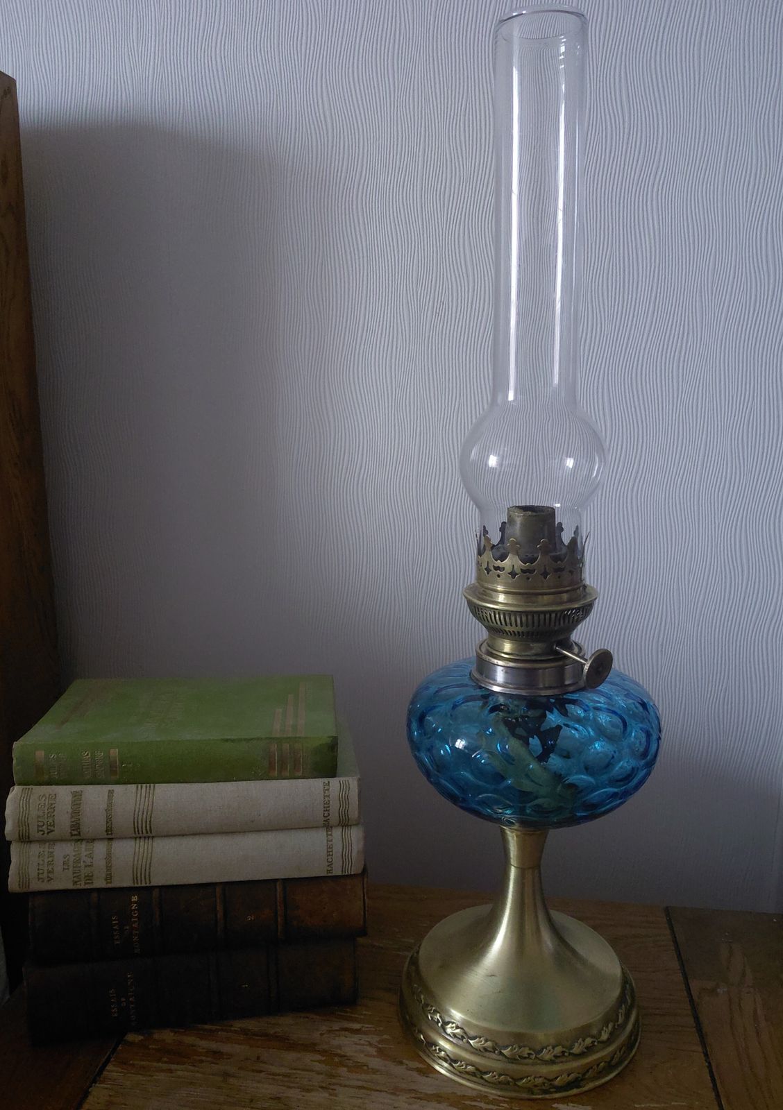 Vintage French Blue Glass Oil Lamp With Wick ~ Working