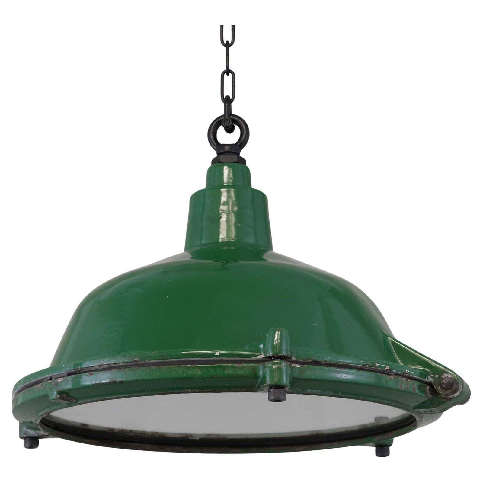 1930s Revo British Industrial Green Vitreous Enamel Pendant Light