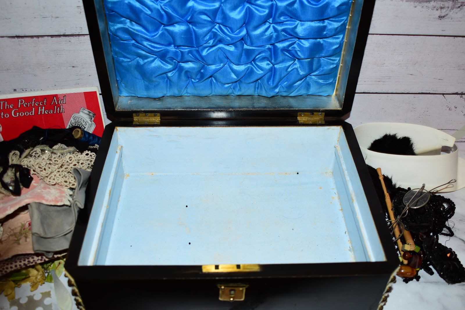 photo for sale Victorian Lady's Sewing Workbox Full Of Original Contents Including Rare Set Of Mother Of Pearl Spools