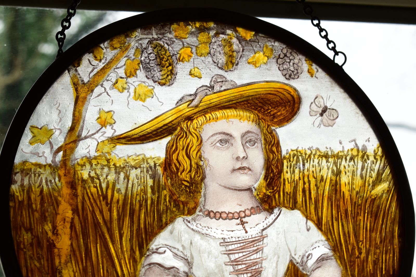 Victorian Stained Glass Leaded Roundel Featuring Harvest Maid With Wheatsheaf photo vintage