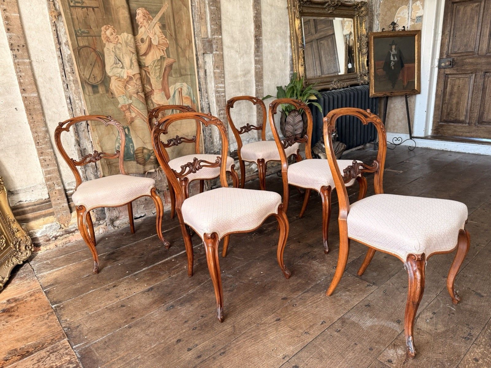 Set 6 Antique Carved  Walnut & Biscuit Linen Louis XV French Chairs 1870 Circa photo furniture