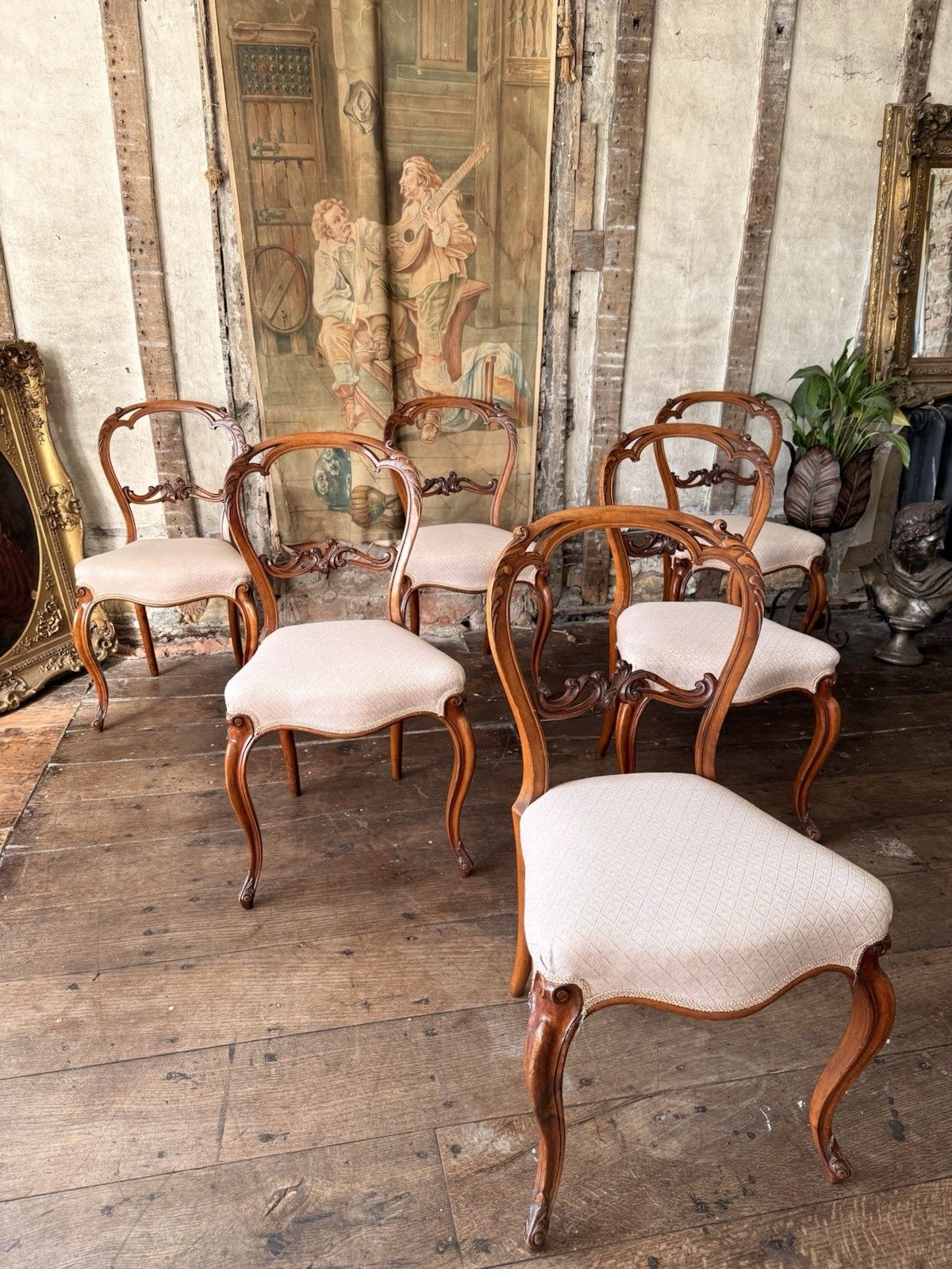 Set 6 Antique Carved  Walnut & Biscuit Linen Louis XV French Chairs 1870 Circa photo 799.0