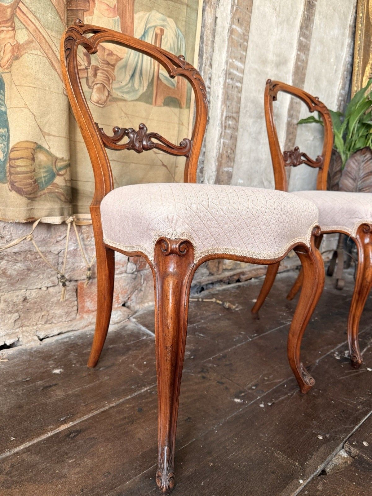 Furniture Set 6 Antique Carved  Walnut & Biscuit Linen Louis XV French Chairs 1870 Circa photo