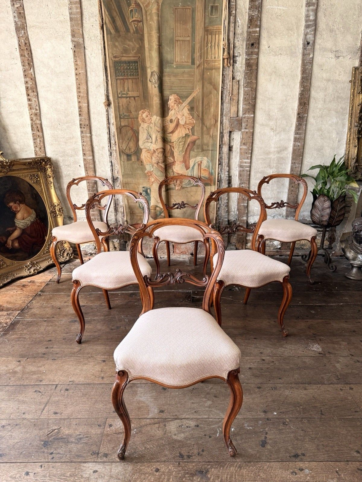799.0 Set 6 Antique Carved  Walnut & Biscuit Linen Louis XV French Chairs 1870 Circa photo