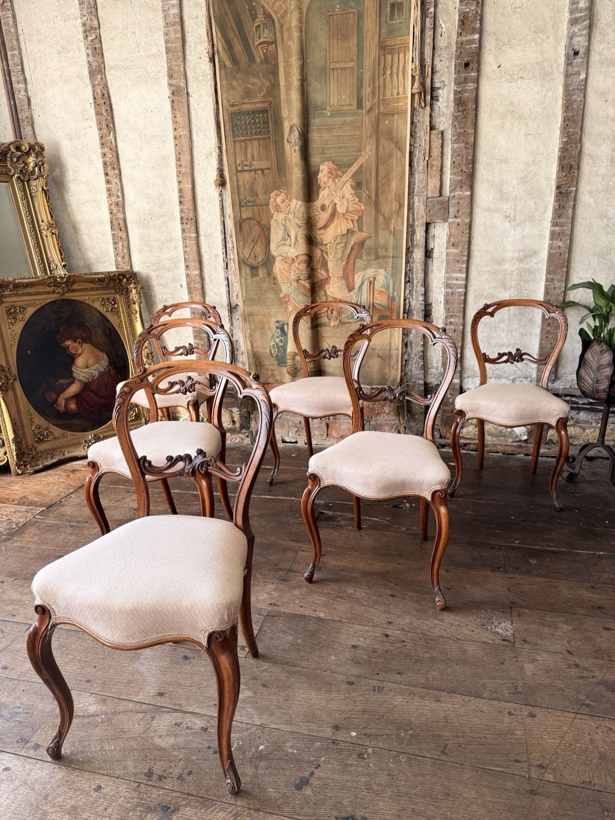 photo vinterior Set 6 Antique Carved  Walnut & Biscuit Linen Louis XV French Chairs 1870 Circa