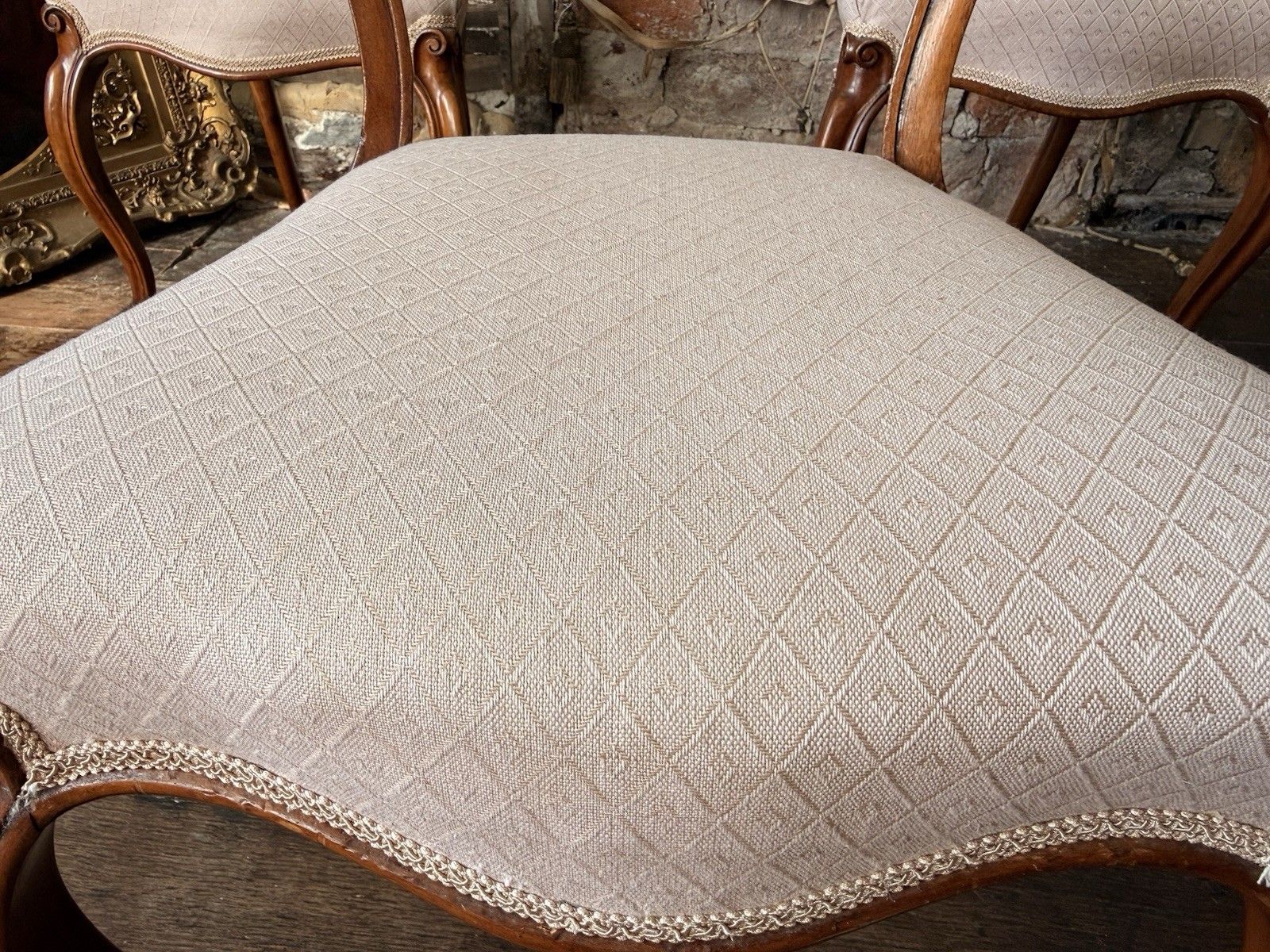 photo buy Set 6 Antique Carved  Walnut & Biscuit Linen Louis XV French Chairs 1870 Circa
