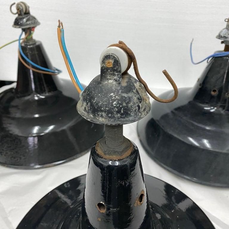 1930s Set Of Three Industrial Black Painted Metal Italian Pendants photo vinterior