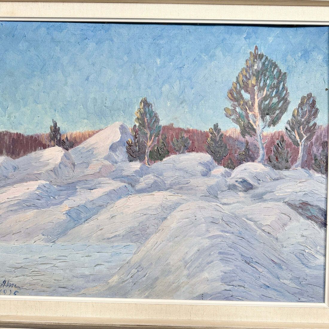 Nordic Winter 1925 Antique Swedish Oil Painting photo furniture