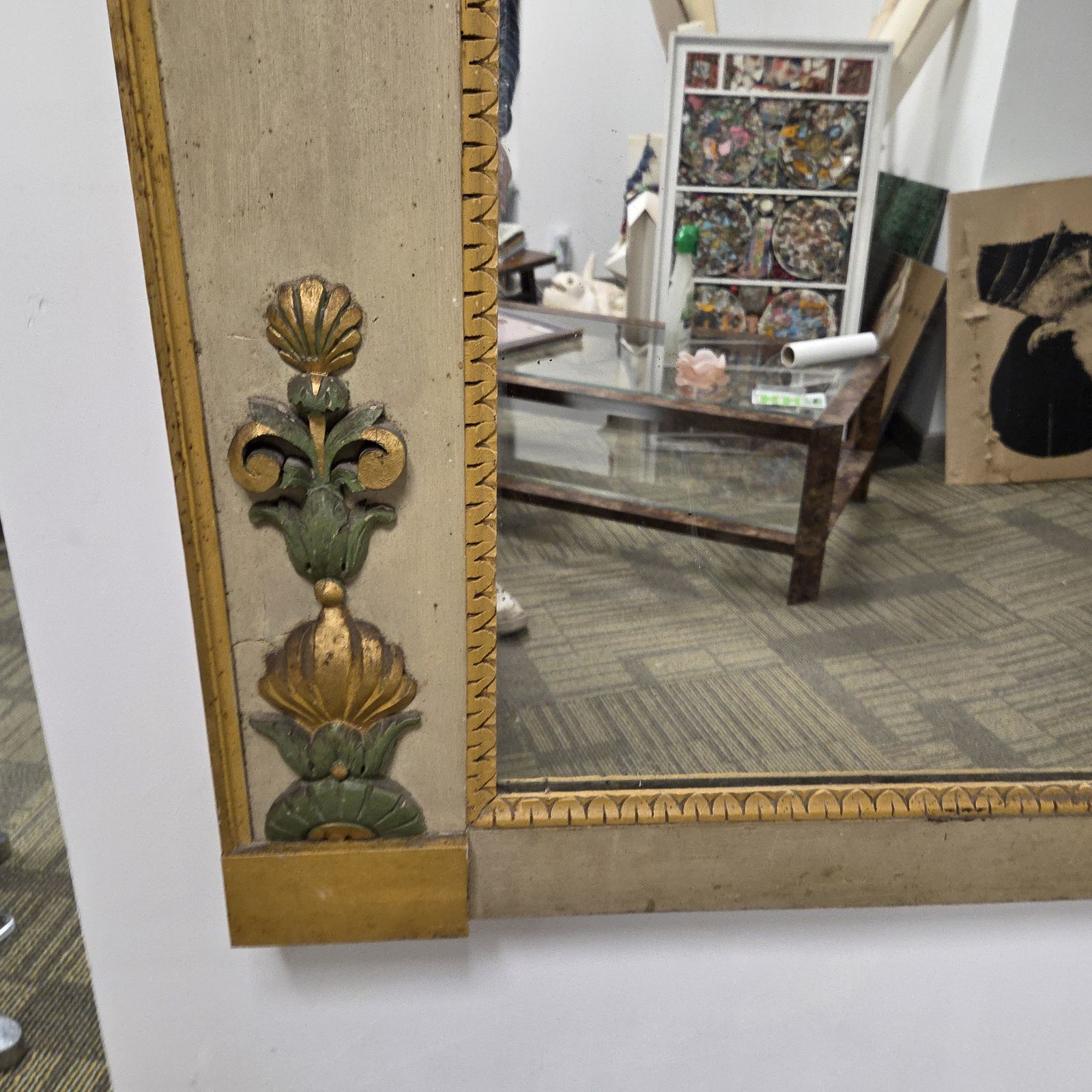 Large French Directoire Style Trumeau Mirror With Winged Sphinx – Gilt & Painted Wood – Late 19th Century photo for sale
