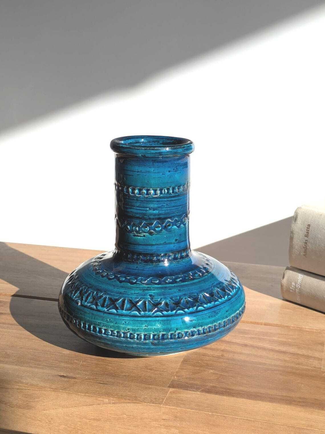 photo vinterior Bitossi Rimini Blu Ceramic Vase, Aldo Londi Mid Century Italian Design