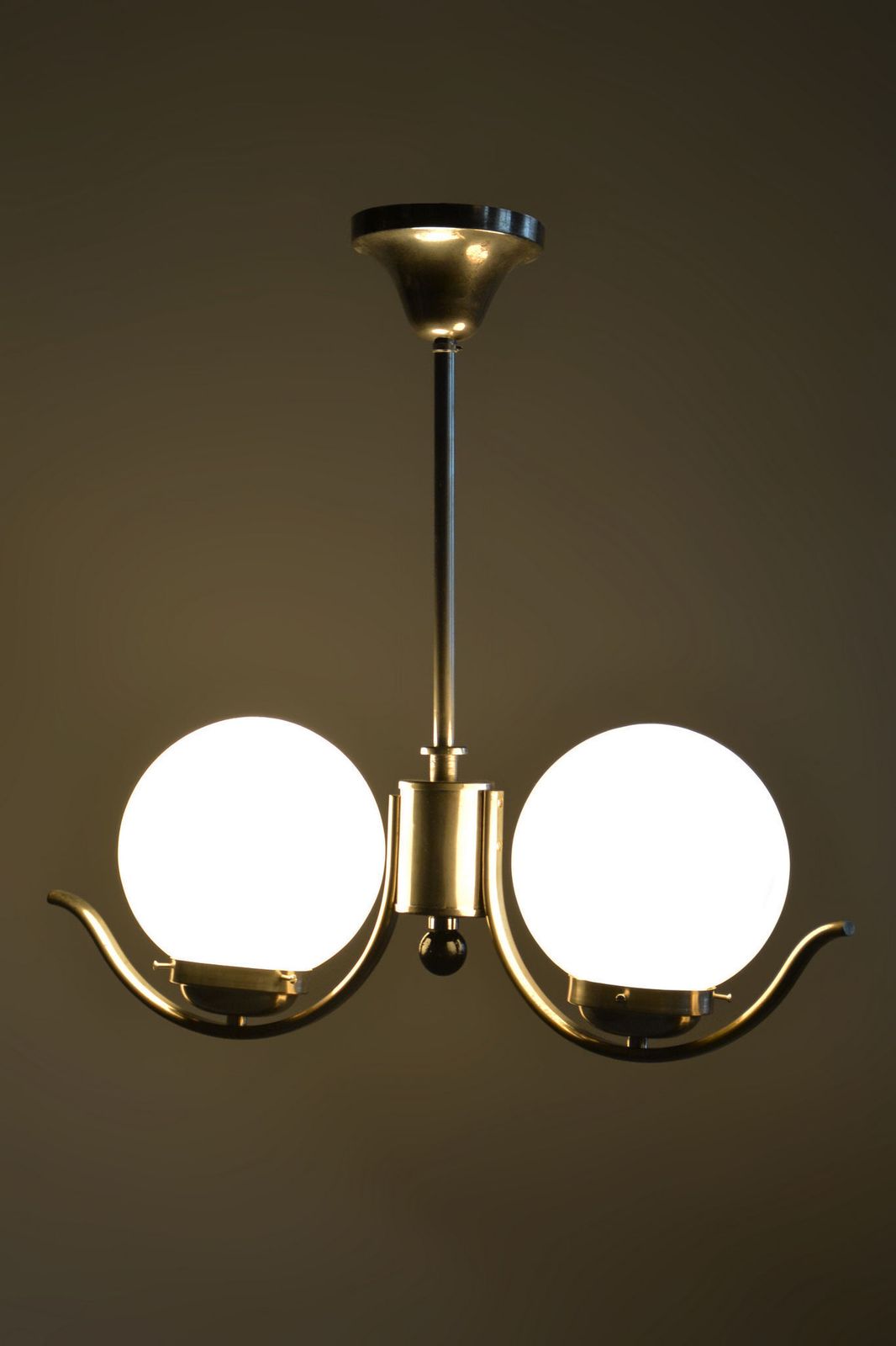 Restored Bauhaus Chandelier, Chrome Plated Steel, Opaline Glass, Czech, 1930s photo buy