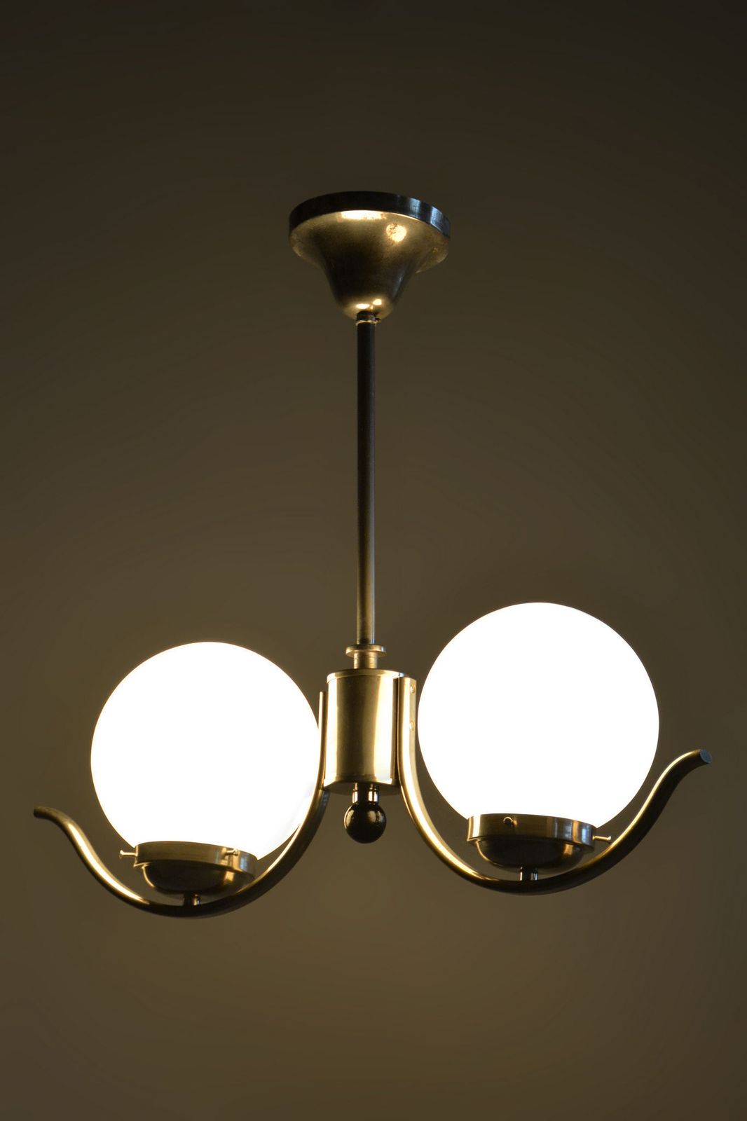 Restored Bauhaus Chandelier, Chrome Plated Steel, Opaline Glass, Czech, 1930s photo vintage