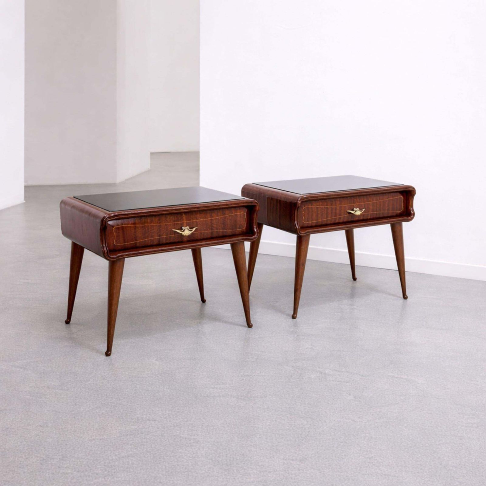 1960s Italian Mid Century Modern Cherry Nightstands Bedside Tables Brass Glass photo Furniture