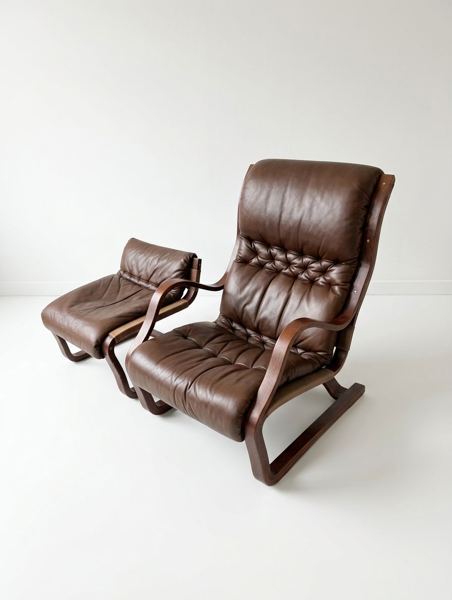 Esko Pajamies For Asko ‘Koivutaru’ Brown Leather  Loungechair & Ottoman, 1970s photo for sale