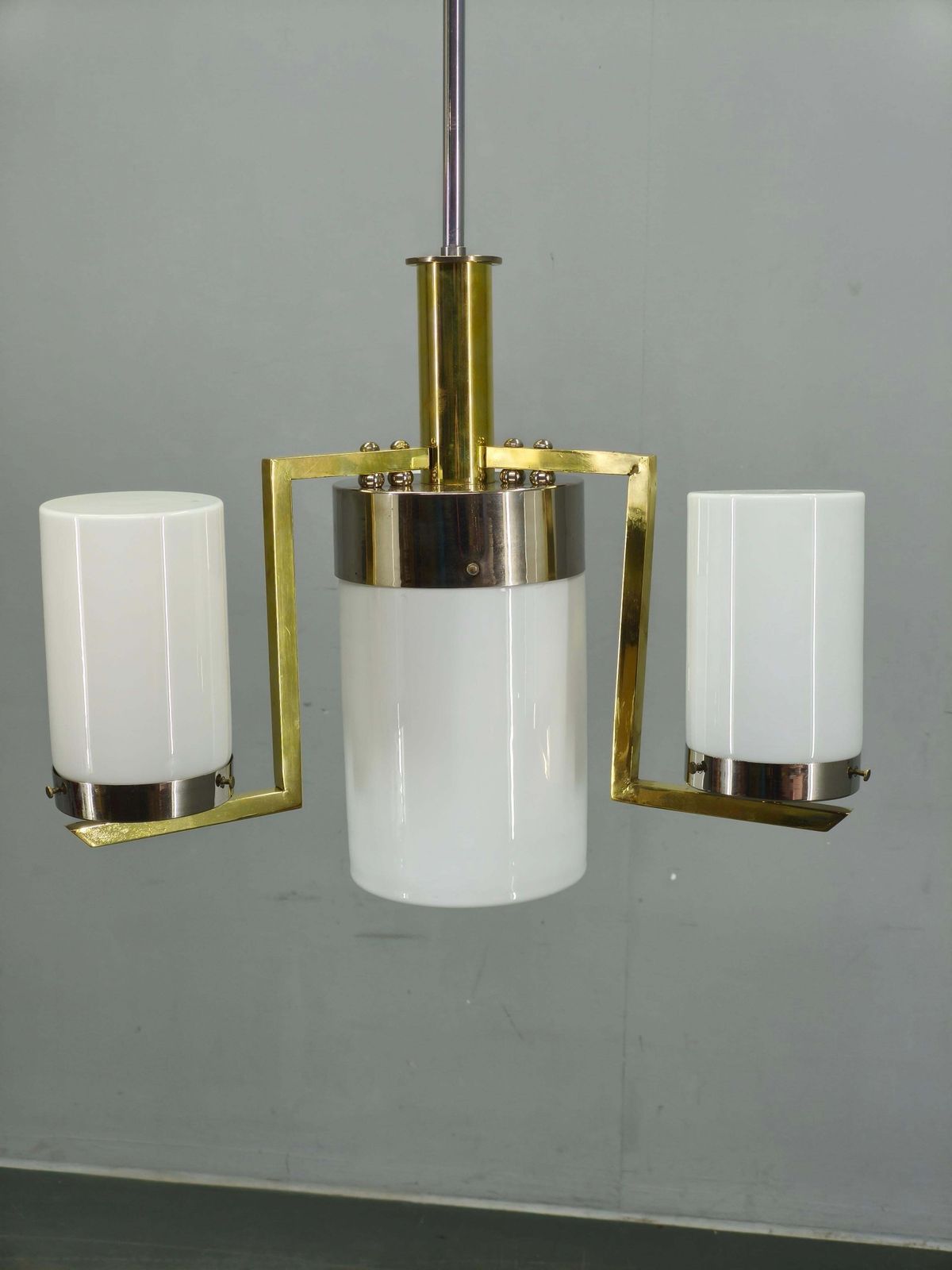 Czechoslovak Art Deco Brass And Chrome Chandelier With Opaline Glass, 1930s photo furniture