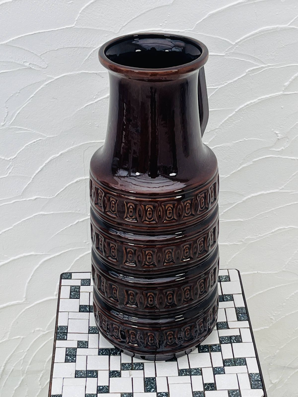 Home Decor Brown Vase With Geometric Relief From The 1970s, West Germany photo
