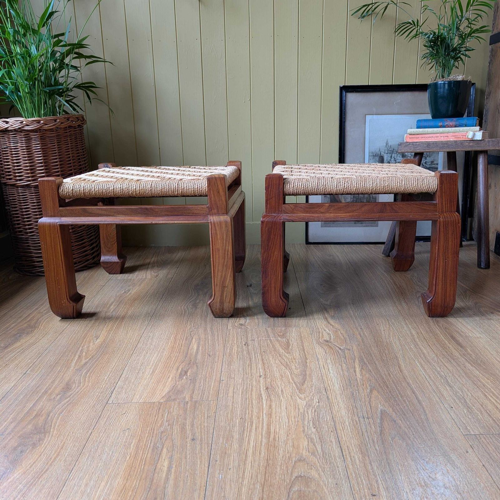 Pair Of Mid Century Woven Foot Stools photo furniture