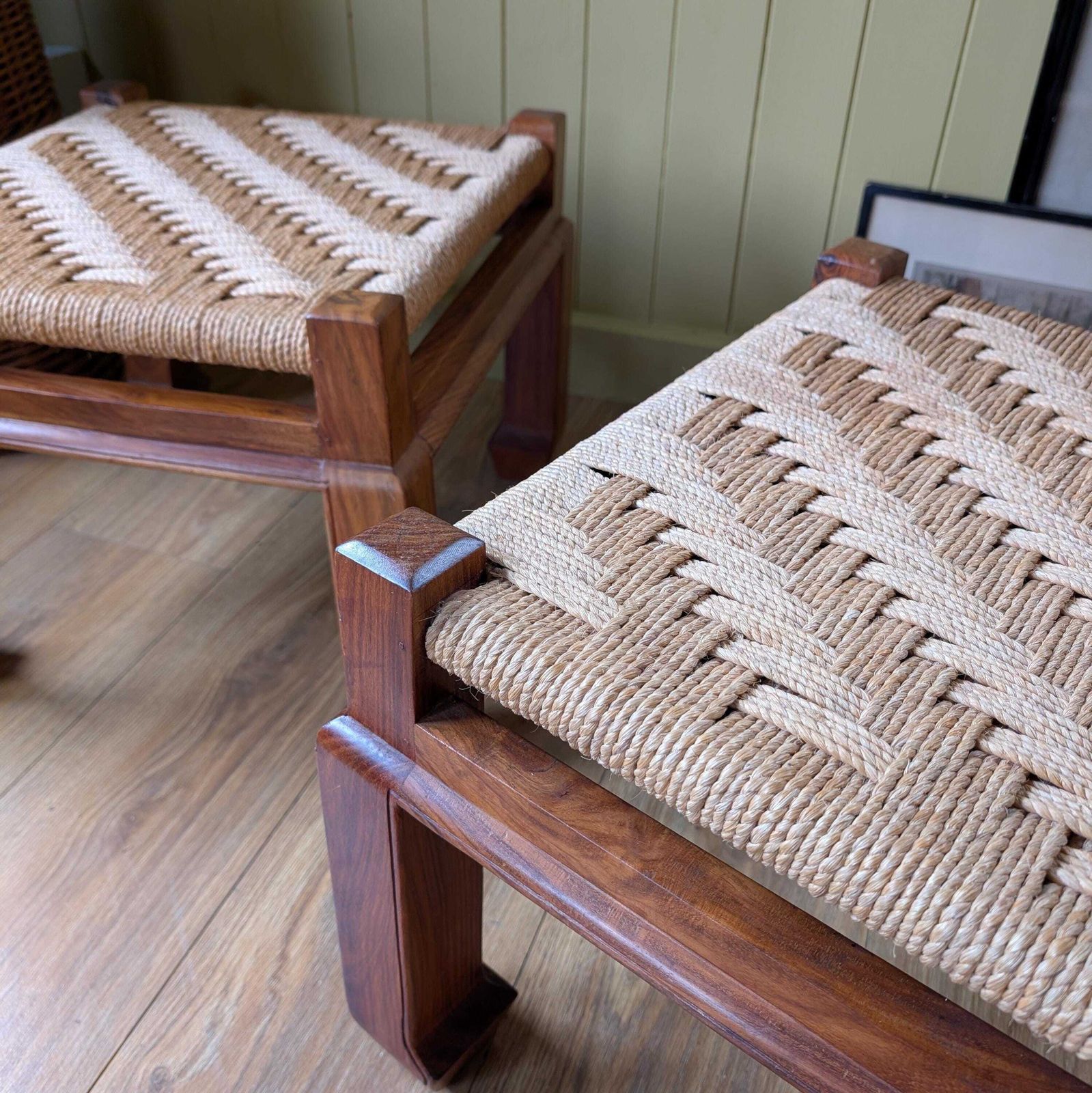 Pair Of Mid Century Woven Foot Stools photo for sale
