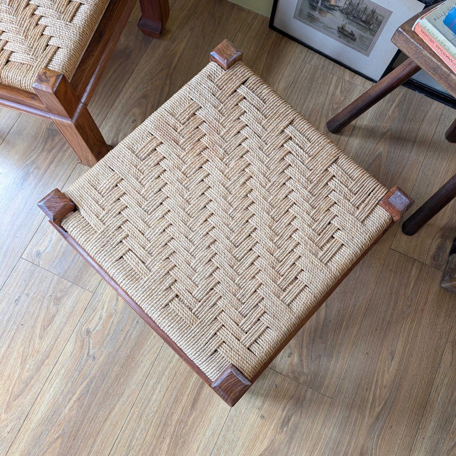 Pair Of Mid Century Woven Foot Stools photo vintage