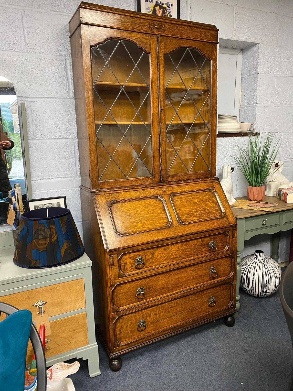 Edwardian Antique Oak Bureau Glazed Bookcase