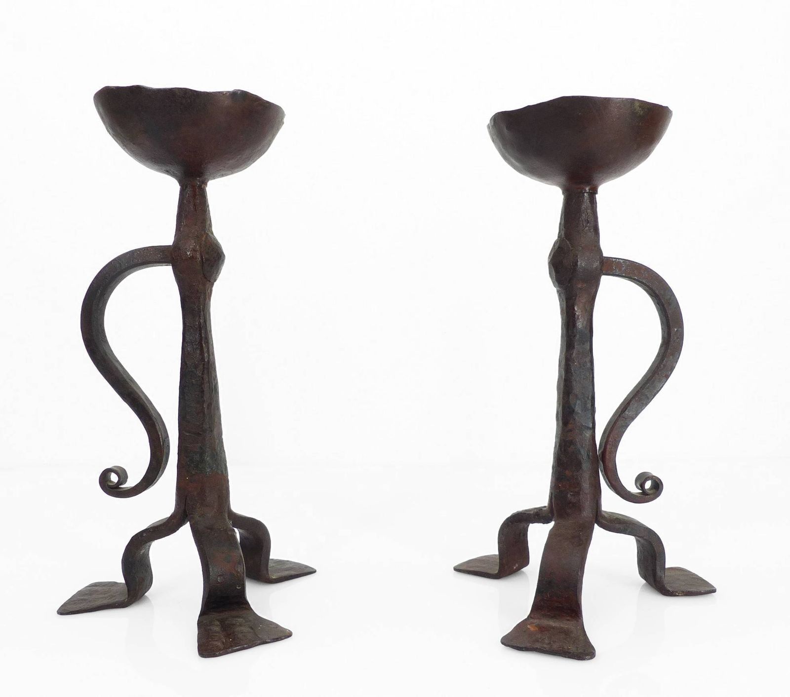 Pair Of Wrought Iron Tripod Candlesticks, Neo Gothic Style, French Work, Early 20th Century