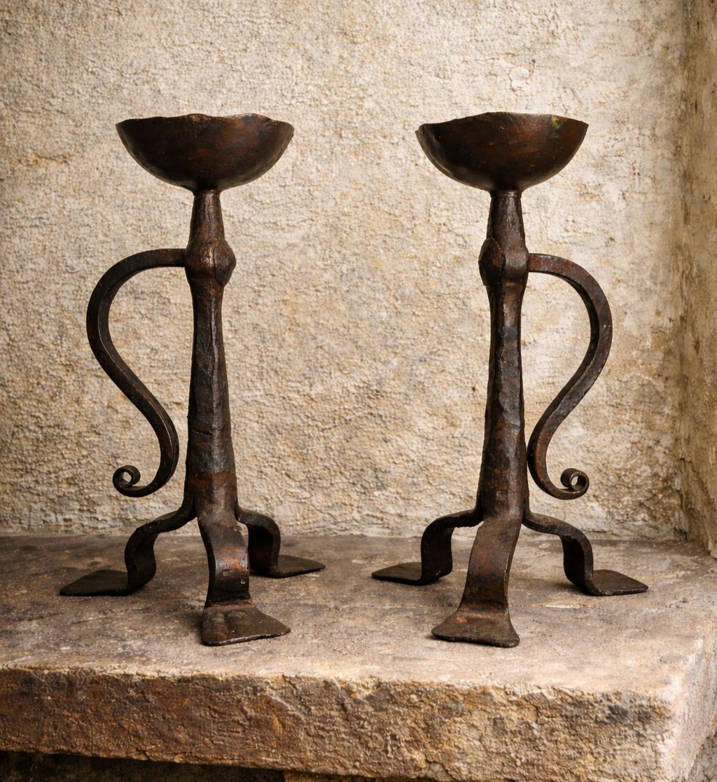 Pair Of Wrought Iron Tripod Candlesticks, Neo Gothic Style, French Work, Early 20th Century photo furniture
