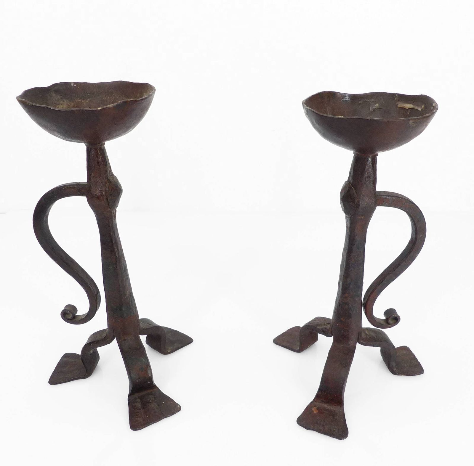 Pair Of Wrought Iron Tripod Candlesticks, Neo Gothic Style, French Work, Early 20th Century photo for sale
