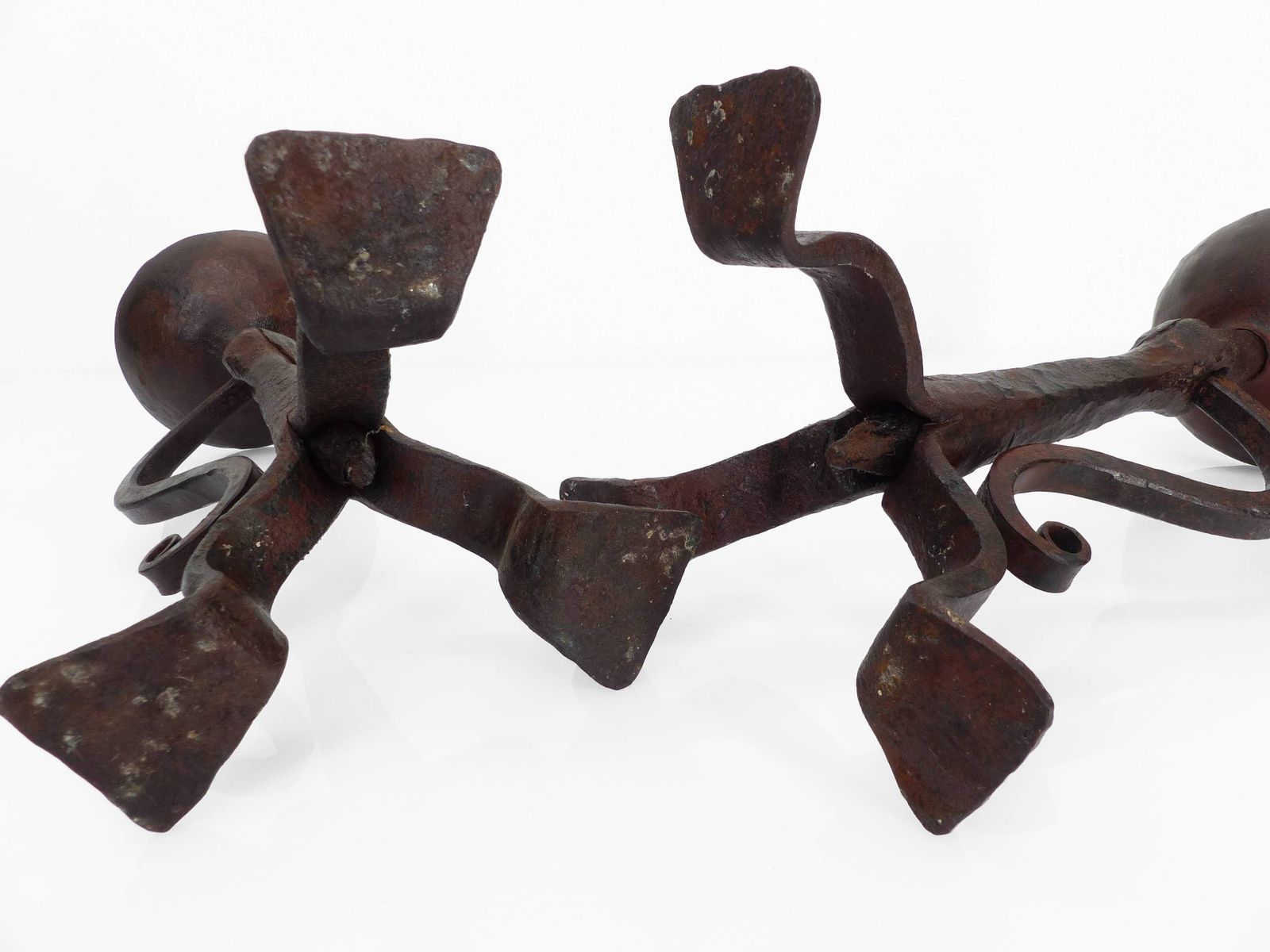 Pair Of Wrought Iron Tripod Candlesticks, Neo Gothic Style, French Work, Early 20th Century photo vintage