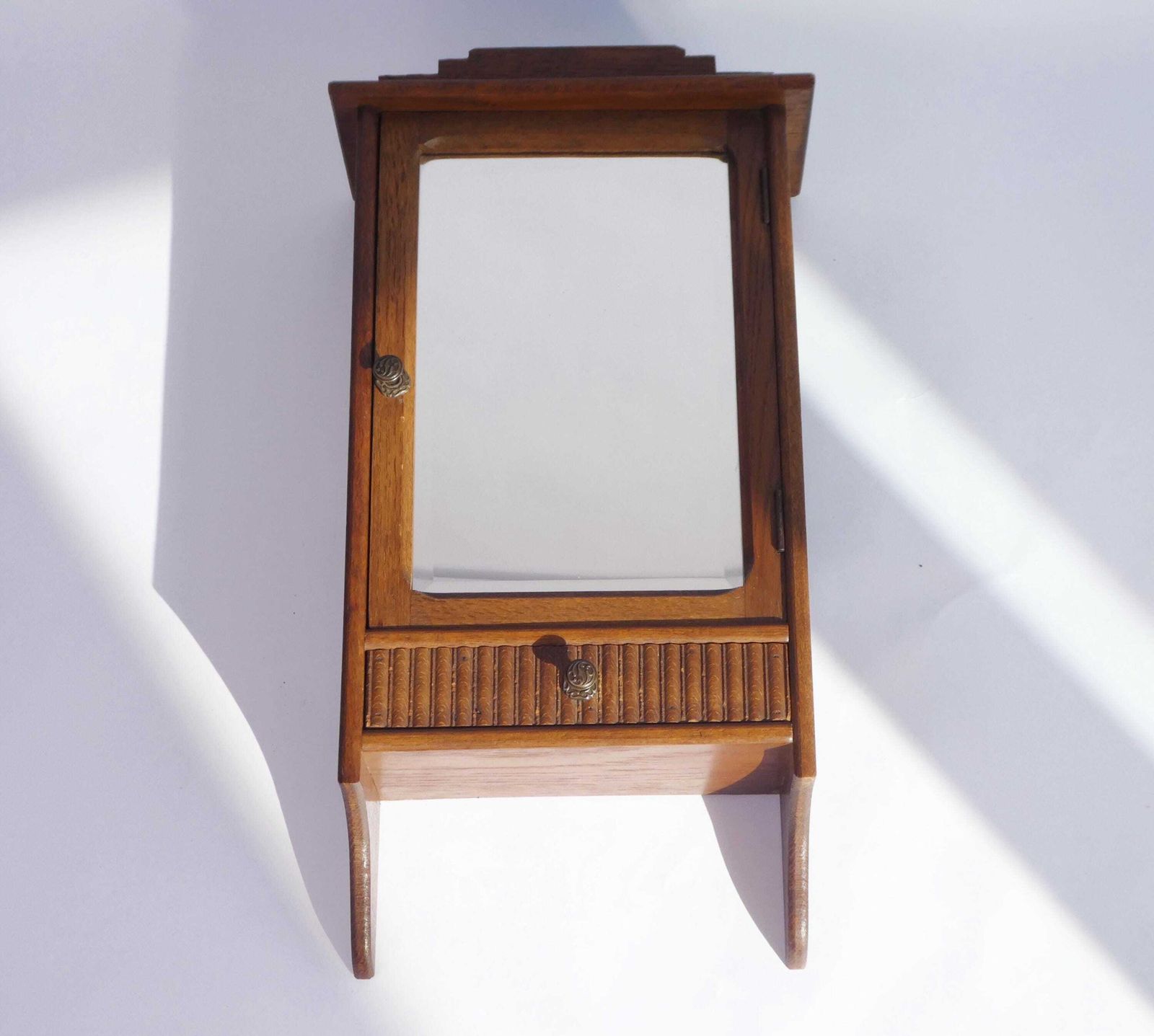Antique Art Deco Wooden Wall Cabinet With Beveled Mirror, Medicine Apothecary With Drawer And Shelf, Small Chest, Farmhouse Decor photo Furniture