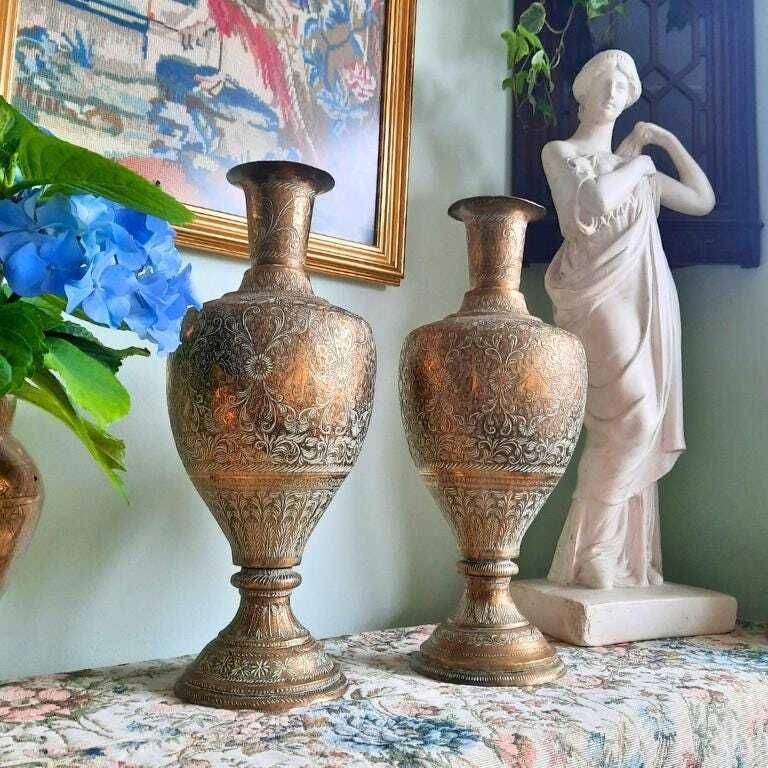 Large Pair Of Truly Antique Indian Brass Vases With Figural And Floral Hand Engraved Decoration 14.5'' Tall Vintis      5 Out Of 5 Stars     Dispatche photo Home Decor