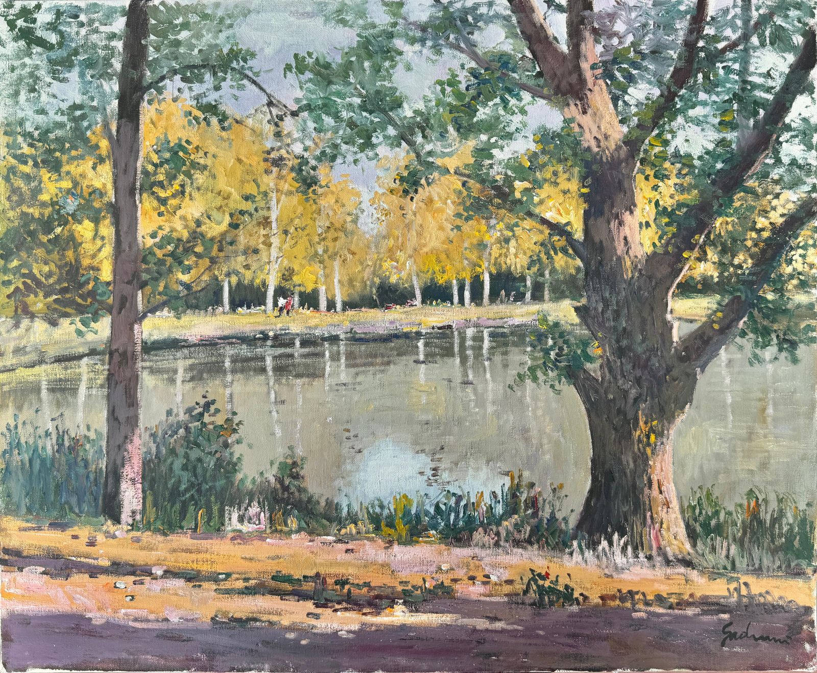 Antoni Sadurni Impressionist Lakeside Landscape With Figures Catalan School Oil Painting 1980