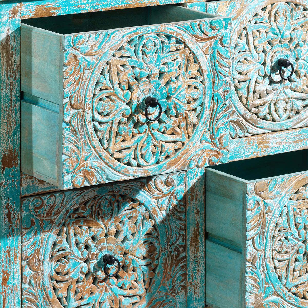photo for sale Carved Distressed Blue Six Drawer Chest