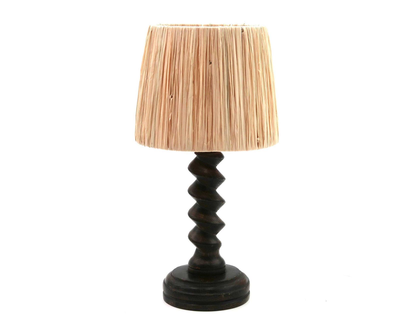 French Wooden Table Lamp By Charles Dudouyt With Raffia Lampshade, 1940s / Column, Brancusi Style, Dark Wood, Cottage, Architecture