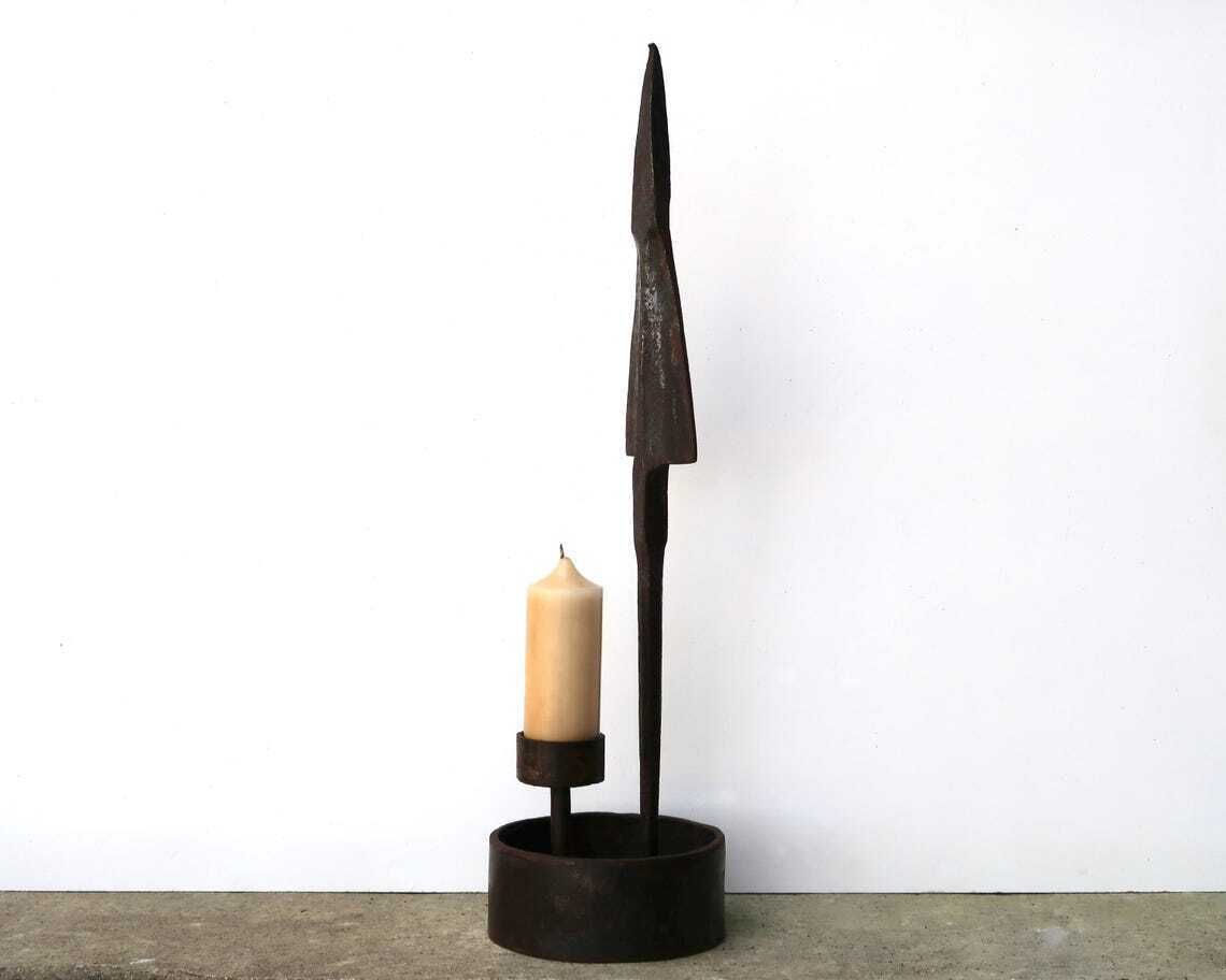 French Huge Brutalist Wrought Iron Candle Holder Spear By Leopold Gest,  1950s / Candleholder Minimalist Brut Brutalist  Brutalism Home Decor photo for sale