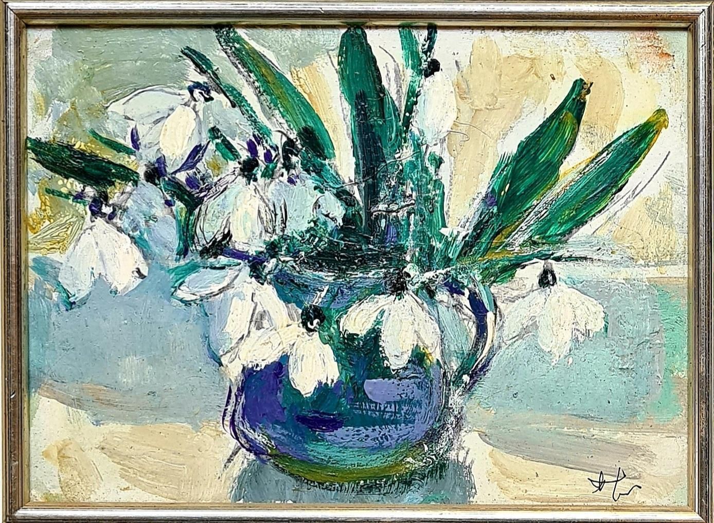 Snowdrops Still Life Painting, Oil On Board, Framed, 28.5x33 Cm