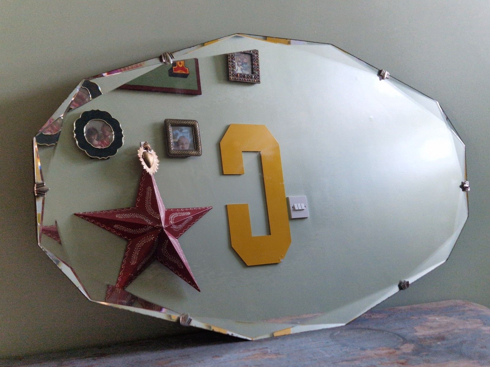 Art Deco Large Mirror Beveled Edge Faceted Clear Wooden Back With Chain 1930s photo furniture