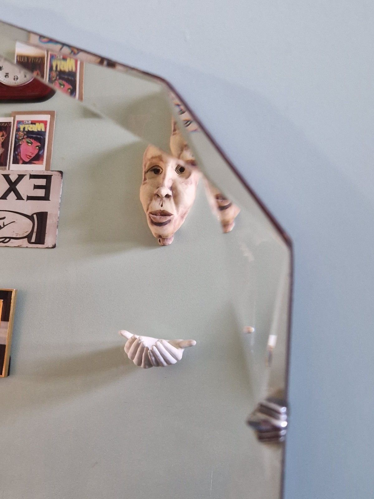 Art Deco Large Mirror Beveled Edge Faceted Clear Wooden Back With Chain 1930s photo vinterior